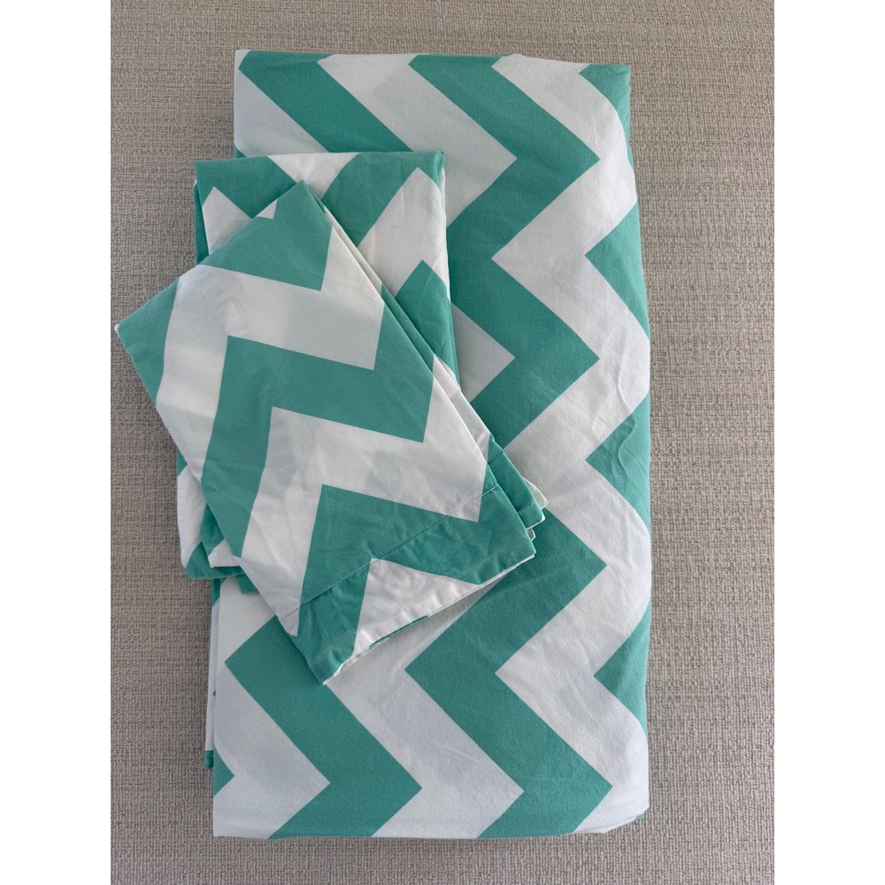 Pottery Barn Teen Full/Queen Duvet Cover 2 Pillow Shams Teal Green White Chevron